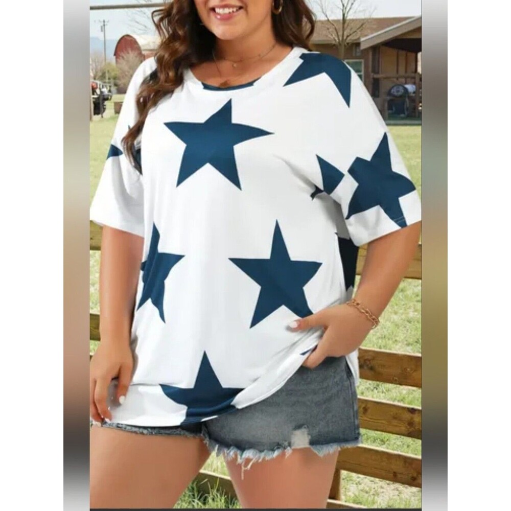 Shein 1X White Tee Navy Star Print Stretchy Cute 1603-